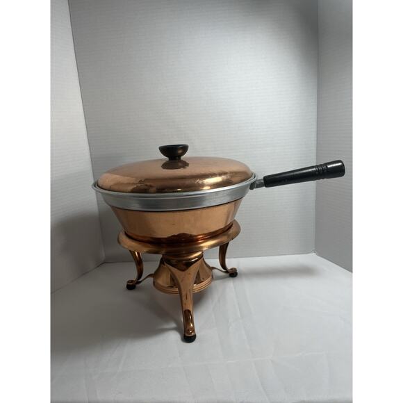 Vintage Copper Chafing Dish with Double Boiler and Fuel Holder 4 Piece Set - Picture 1 of 9